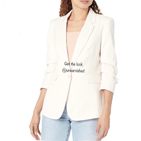 DKNY Ruched 3Q Sleeves One Button Pinstripe Blazer in Khaki Brown - Picture 2 of 13